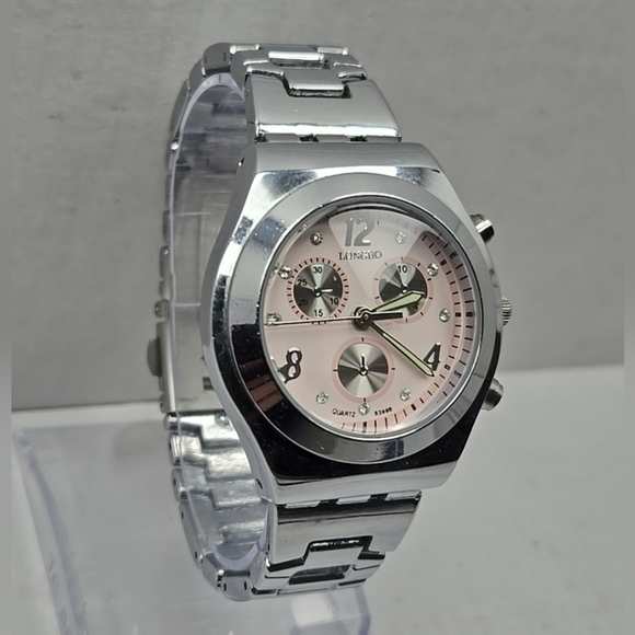 Womens Longbo Chronograph Pink Silver Tone Watch New Battery - Picture 3 of 10